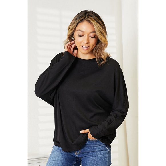 Seam Detail Round Neck Long Sleeve Top Solid BLACK PLUS SIZE - Picture 6 of 9